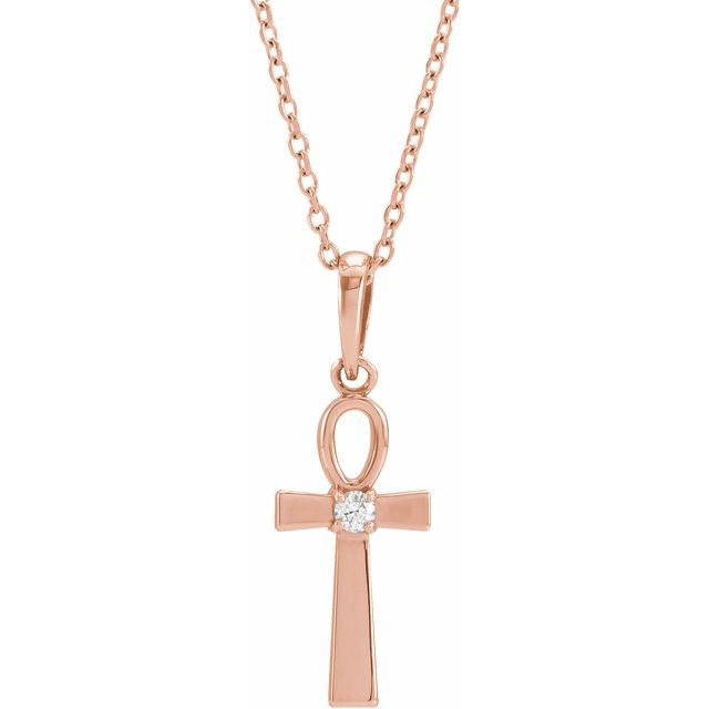 14K Rose Gold .03 CT Natural Diamond Ankh Cross 16-18" Necklace