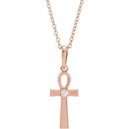 14K Rose Gold .03 CT Natural Diamond Ankh Cross 16-18" Necklace