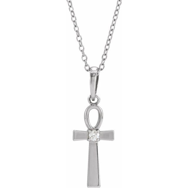 14K White Gold .03 CT Natural Diamond Ankh Cross 16-18" Necklace