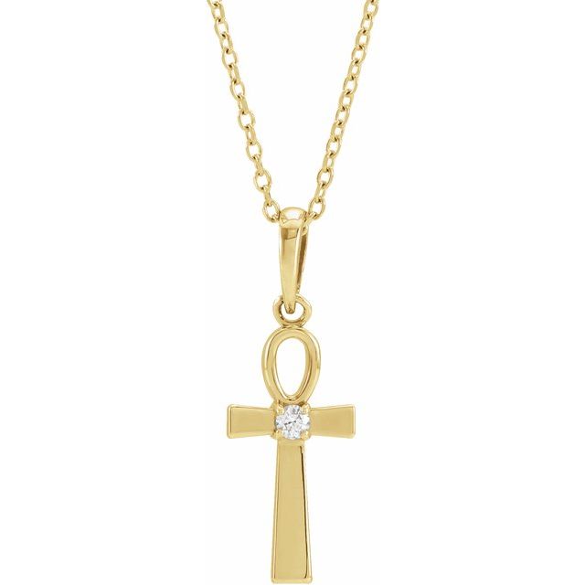 14K Yellow Gold .03 CT Natural Diamond Ankh Cross 16-18" Necklace