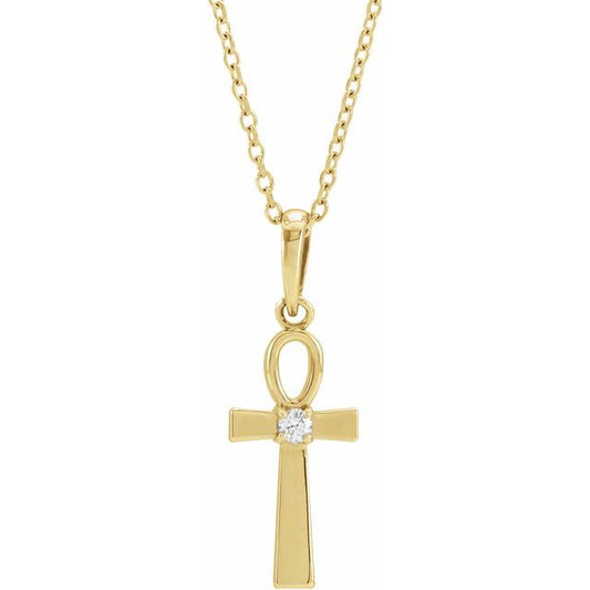 14K Yellow Gold .03 CT Natural Diamond Ankh Cross 16-18" Necklace