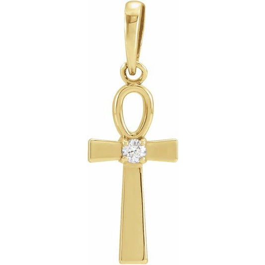 14K Yellow Gold .03 CT Natural Diamond Ankh Cross Pendant