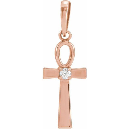 14K Rose Gold .03 CT Natural Diamond Ankh Cross Pendant