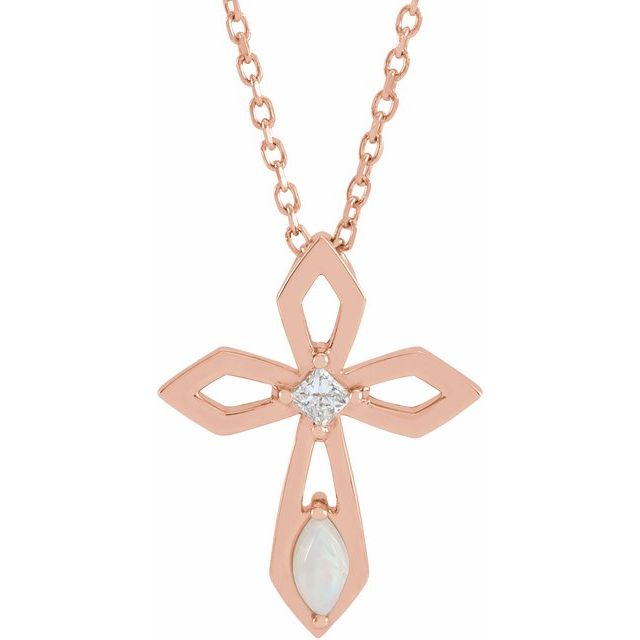 14K Rose Gold Natural White Opal & .05 CT Natural Diamond Cross 16-18" Necklace