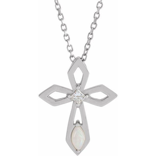 Sterling Silver Natural White Opal & .05 CT Natural Diamond Cross 16-18" Necklace