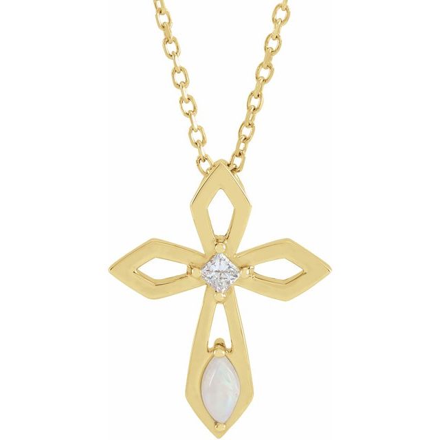 14K Yellow Gold Natural White Opal & .05 CT Natural Diamond Cross 16-18" Necklace