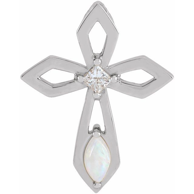 Platinum Natural White Opal & .05 CT Natural Diamond Cross Pendant