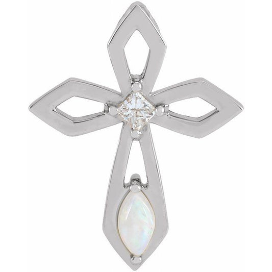 14K White Gold Natural White Opal & .05 CT Natural Diamond Cross Pendant