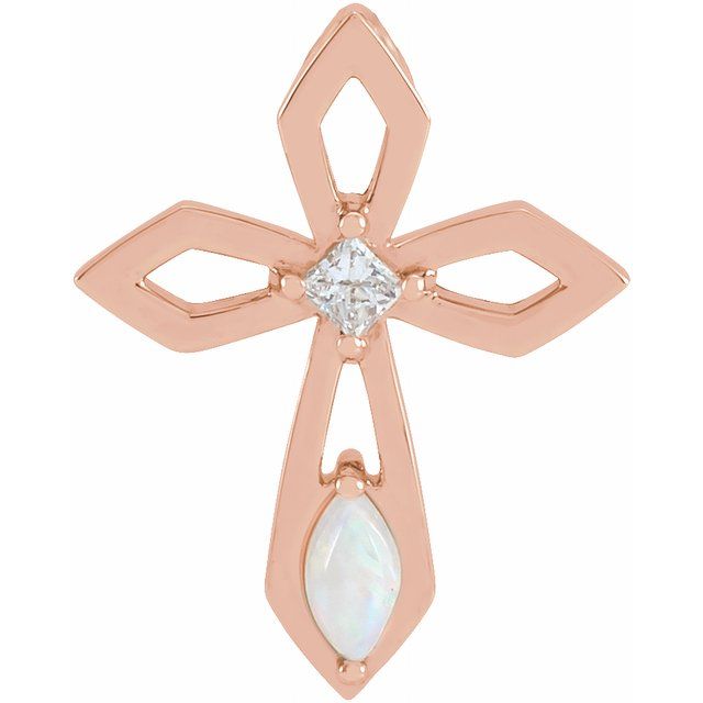 14K Rose Gold Natural White Opal & .05 CT Natural Diamond Cross Pendant
