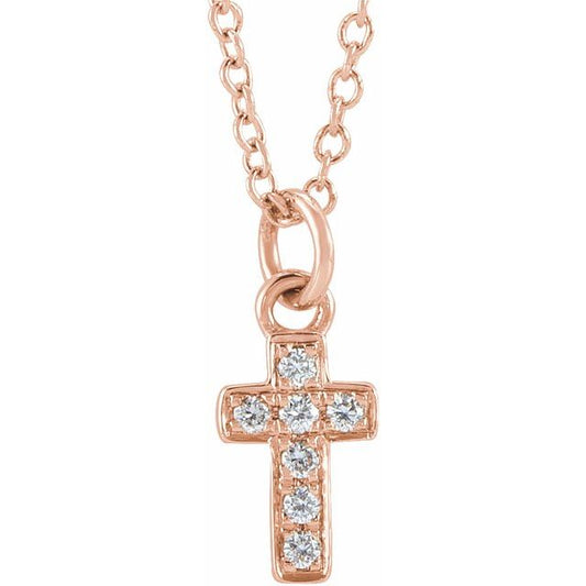 14K Rose Gold .04 CTW Natural Diamond Youth Cross 15" Necklace
