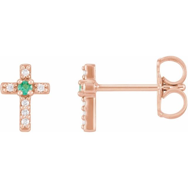 14K Rose Gold Natural Emerald & .03 CTW Natural Diamond Cross Earrings