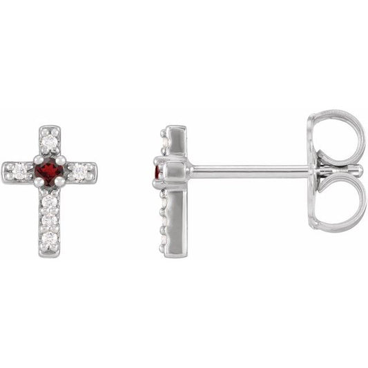 Sterling Silver Natural Mozambique Garnet & .03 CTW Natural Diamond Cross Earrings
