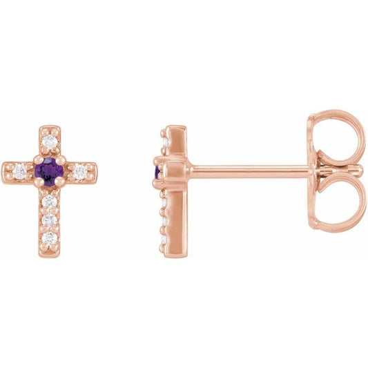14K Rose Gold Natural Amethyst & .03 CTW Natural Diamond Cross Earrings