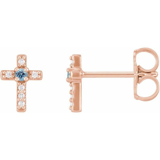 14K Rose Gold Natural Aquamarine & .03 CTW Natural Diamond Cross Earrings