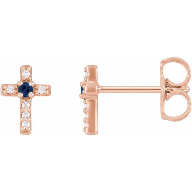 14K Rose Gold Natural Blue Sapphire & .03 CTW Natural Diamond Cross Earrings