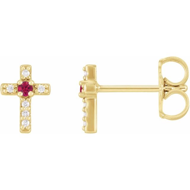 14K Yellow Gold Natural Ruby & .03 CTW Natural Diamond Cross Earrings