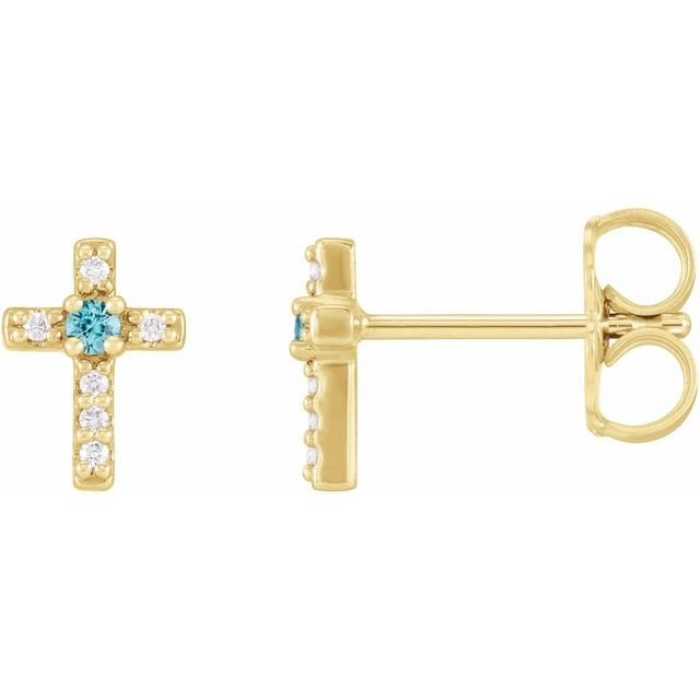14K Yellow Gold Natural Blue Zircon & .03 CTW Natural Diamond Cross Earrings