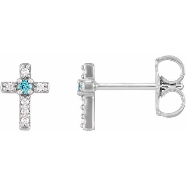 14K White Gold Natural Blue Zircon & .03 CTW Natural Diamond Cross Earrings