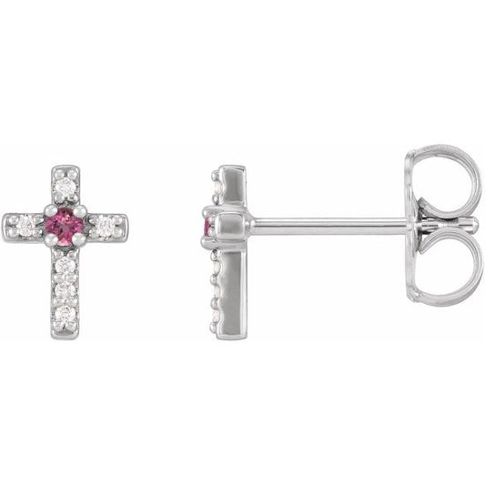 Sterling Silver Natural Pink Tourmaline & .03 CTW Natural Diamond Cross Earrings