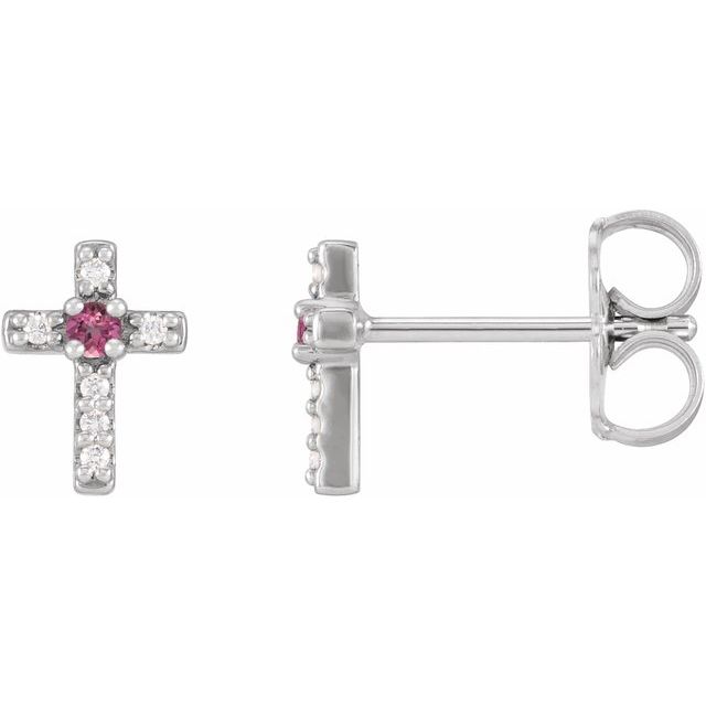 14K White Gold Natural Pink Tourmaline & .03 CTW Natural Diamond Cross Earrings