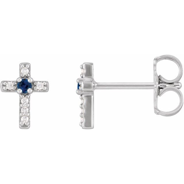14K White Gold Natural Blue Sapphire & .03 CTW Natural Diamond Cross Earrings