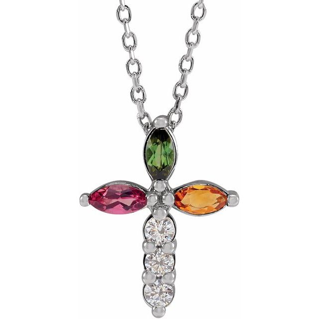 14K White Gold Natural Multi-Gemstone & 1/10 CTW Natural Diamond Cross 16-18" Necklace