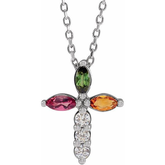 Sterling Silver Natural Multi-Gemstone & 1/10 CTW Natural Diamond Cross 16-18" Necklace