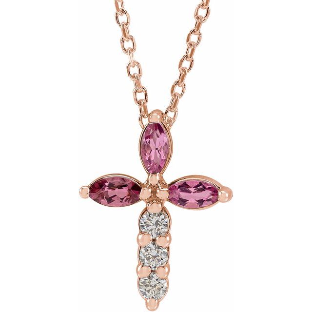14K Rose Gold Natural Pink Tourmaline & 1/10 CTW Natural Diamond Cross 16-18" Necklace