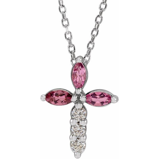 14K White Gold Natural Pink Tourmaline & 1/10 CTW Natural Diamond Cross 16-18" Necklace