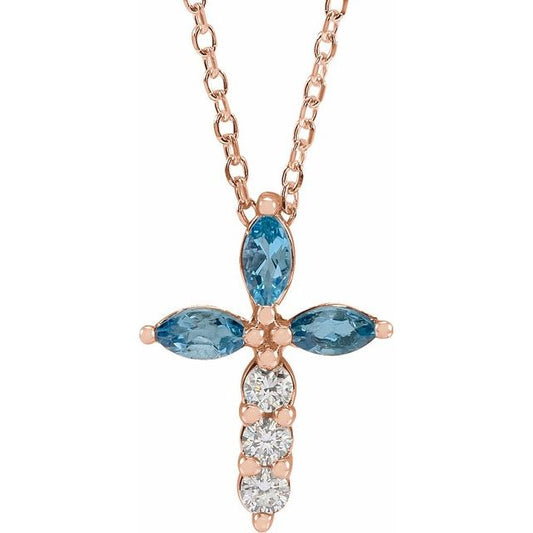 14K Rose Gold Natural Aquamarine & 1/10 CTW Natural Diamond Cross 16-18" Necklace