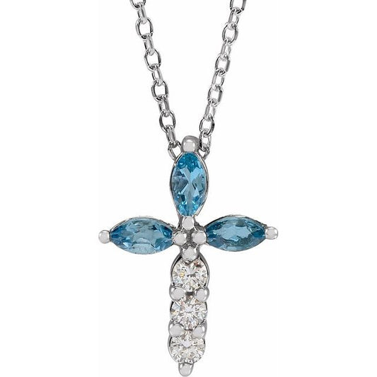 Sterling Silver Natural Aquamarine & 1/10 CTW Natural Diamond Cross 16-18" Necklace