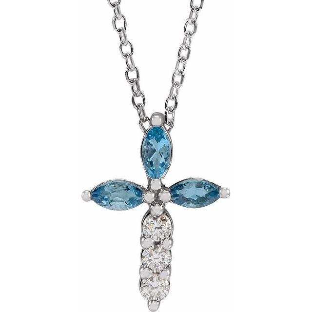 Platinum Natural Aquamarine & 1/10 CTW Natural Diamond Cross 16-18" Necklace