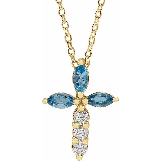14K Yellow Gold Natural Aquamarine & 1/10 CTW Natural Diamond Cross 16-18" Necklace