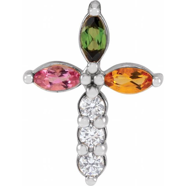 14K White Gold Natural Multi-Gemstone & 1/10 CTW Natural Diamond Cross Pendant
