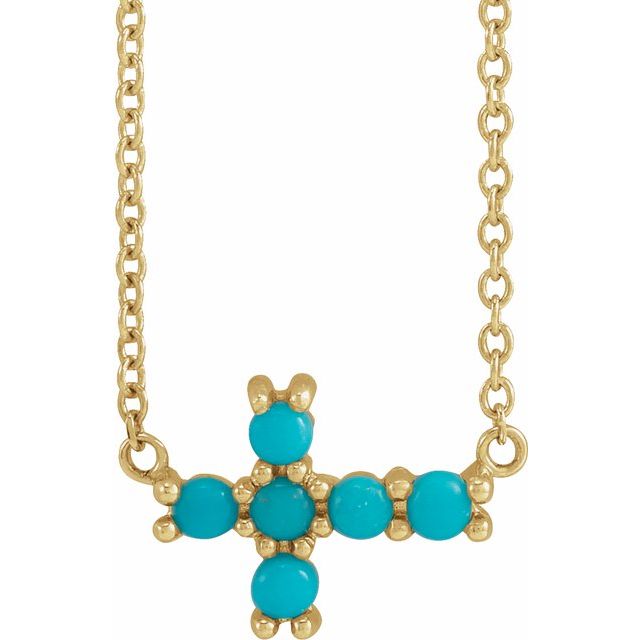14K Yellow Gold Natural Turquoise Sideways Cross 18" Necklace