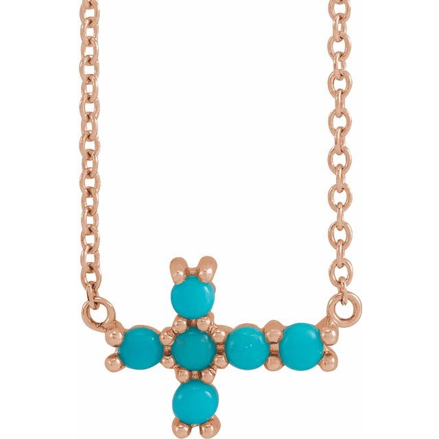 14K Rose Gold Natural Turquoise Sideways Cross 18" Necklace