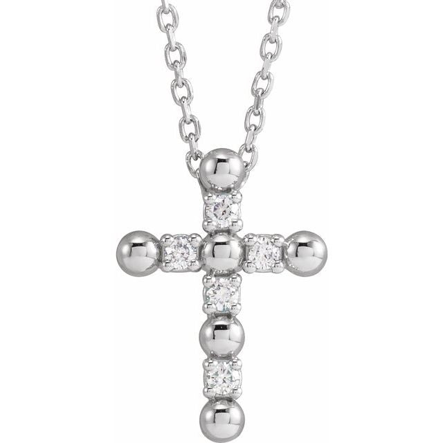 14K White Gold .07 CTW Natural Diamond Beaded Cross 16-18" Necklace