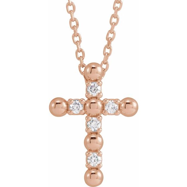 14K Rose Gold .07 CTW Natural Diamond Beaded Cross 16-18" Necklace