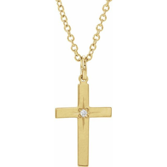 14K Yellow Gold .0075 CT Natural Diamond Youth Cross 15" Necklace