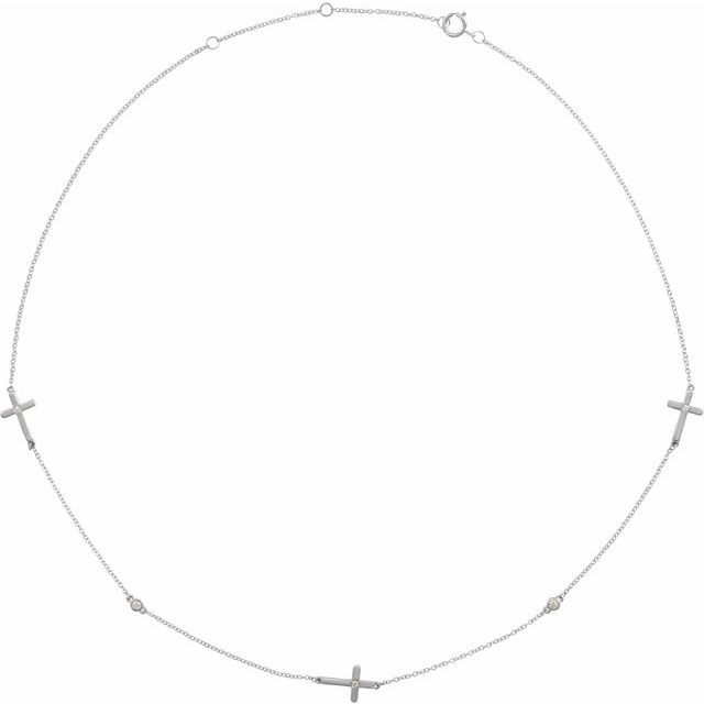 14K White Gold 1/10 CTW Natural Diamond 5-Station Cross 16-18” Necklace