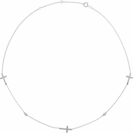 14K White Gold 1/10 CTW Natural Diamond 5-Station Cross 16-18” Necklace