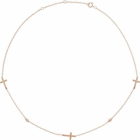 14K Rose Gold 1/10 CTW Natural Diamond 5-Station Cross 16-18” Necklace