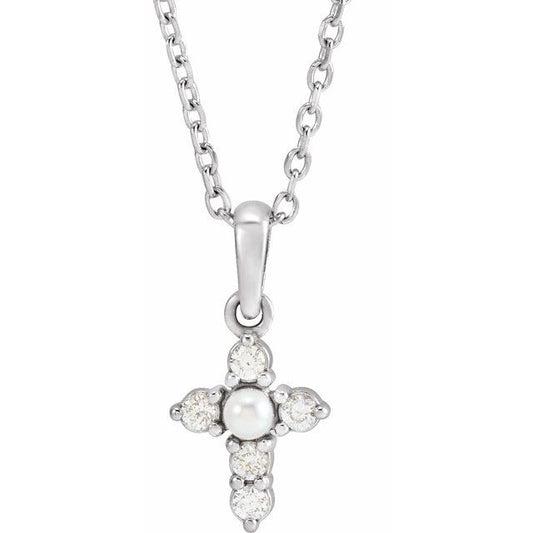 Sterling Silver Cultured White Seed Pearl & .07 CTW Natural Diamond Cross 16-18" Necklace