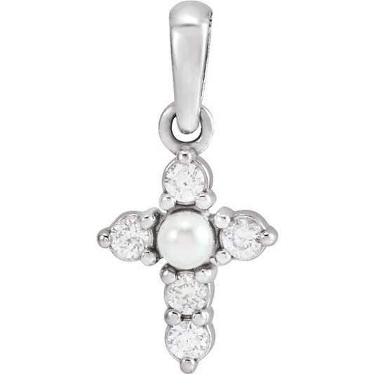 Sterling Silver Cultured White Seed Pearl & .07 CTW Natural Diamond Cross Pendant