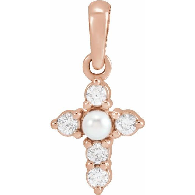 14K Rose Gold Cultured White Seed Pearl & .07 CTW Natural Diamond Cross Pendant