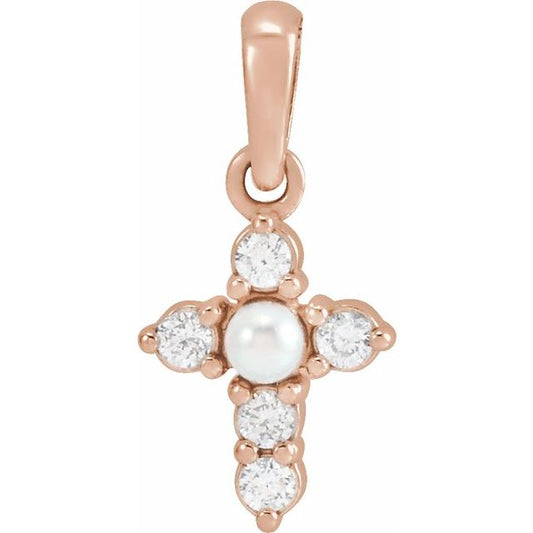 14K Rose Gold Cultured White Seed Pearl & .07 CTW Natural Diamond Cross Pendant