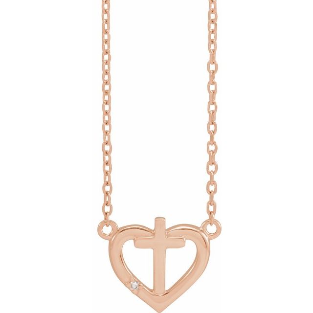 14K Rose Gold .0025 CT Natural Diamond Heart & Cross 18" Necklace