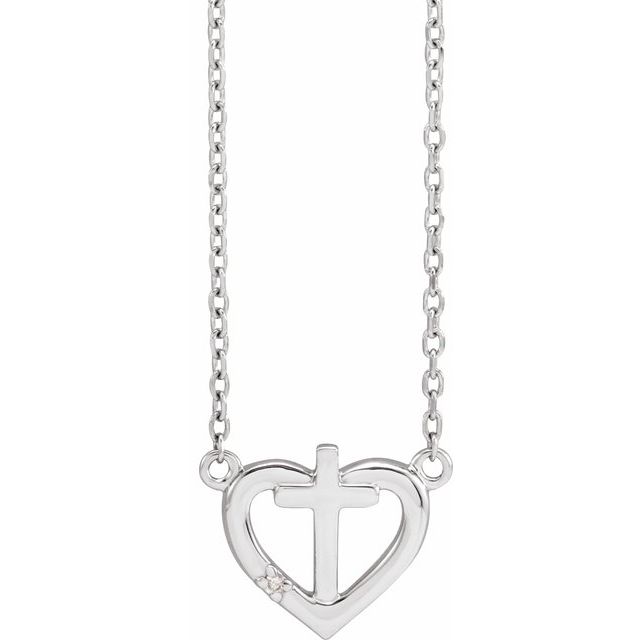 Platinum .0025 CT Natural Diamond Heart & Cross 18" Necklace