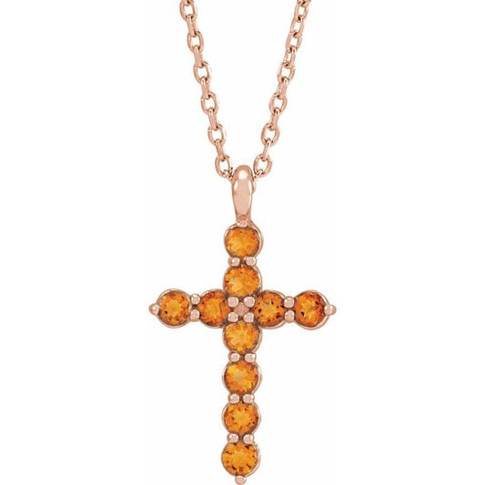 14K Rose Gold Natural Citrine Cross 16-18" Necklace
