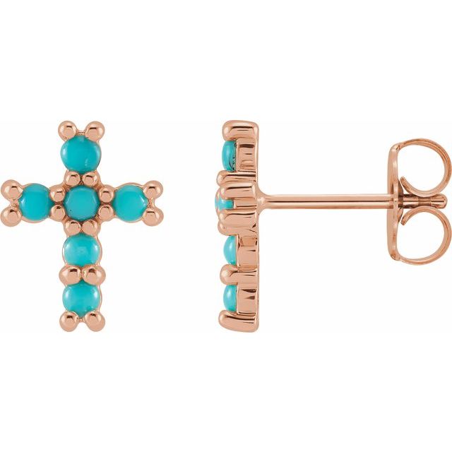 14K Rose Gold Natural Turquoise Cross Earrings